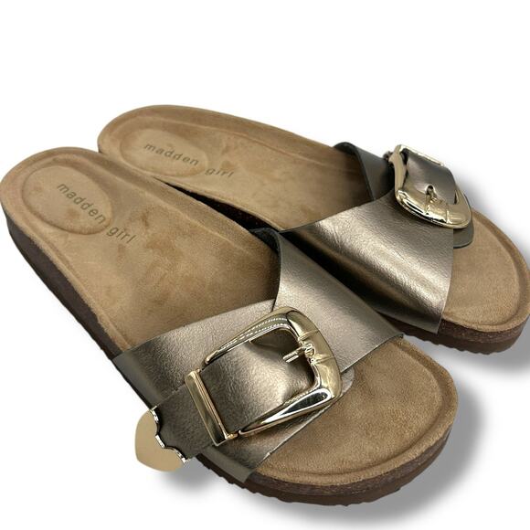 NEW Madden Girl Brookk Buckled Footbed Slides Size 6.5 Metallic Taupe Sandals - Picture 4 of 10
